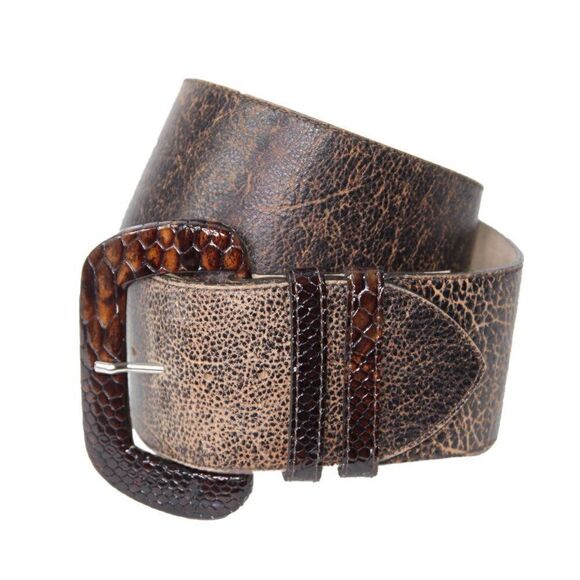 LEATHEROCK Black/Brown Crackle Leather Wide Belt, Snakeskin Belt Buckle, Size 32 main image 6